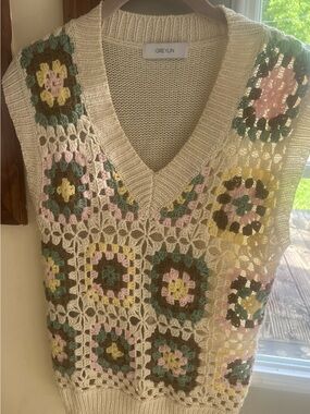 Greylin Cream Crochet Knit V-Neck Sweater Vest with Pastel Motifs